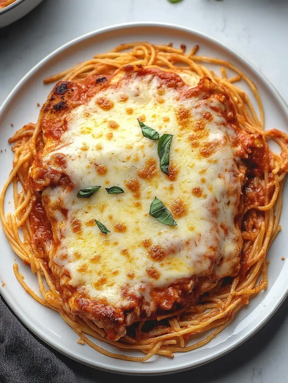 Ein Teller Spaghetti mit geschmolzenem Käse und Marinara-Soße, garniert mit frischen Basilikumblättern.