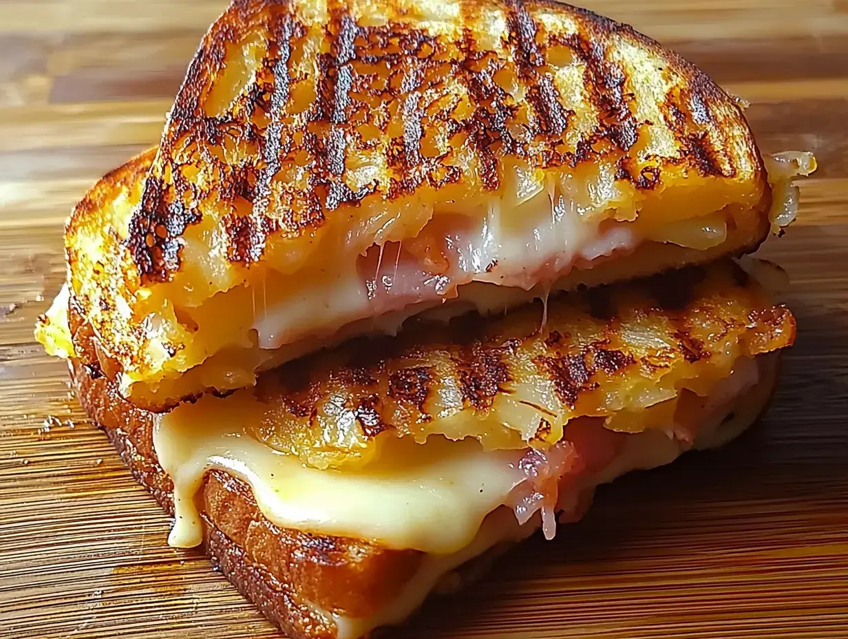 Ein getoastetes Sandwich mit geschmolzenem Käse und Schinken aufeinander gestapelt auf einem Holzbrett.