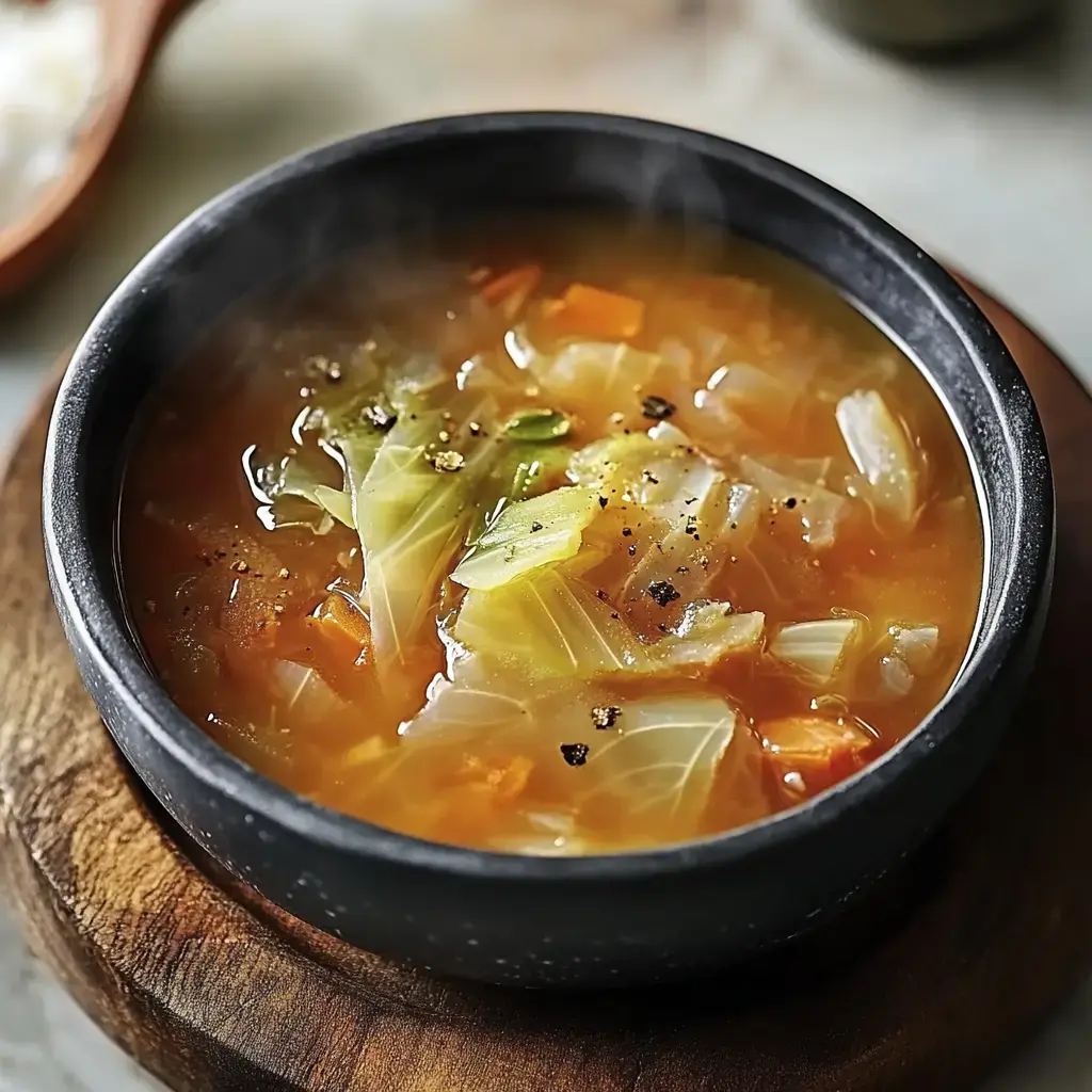 Dampfende Schale mit Gemüsesuppe aus Kohl und Karotten, serviert auf Holz.