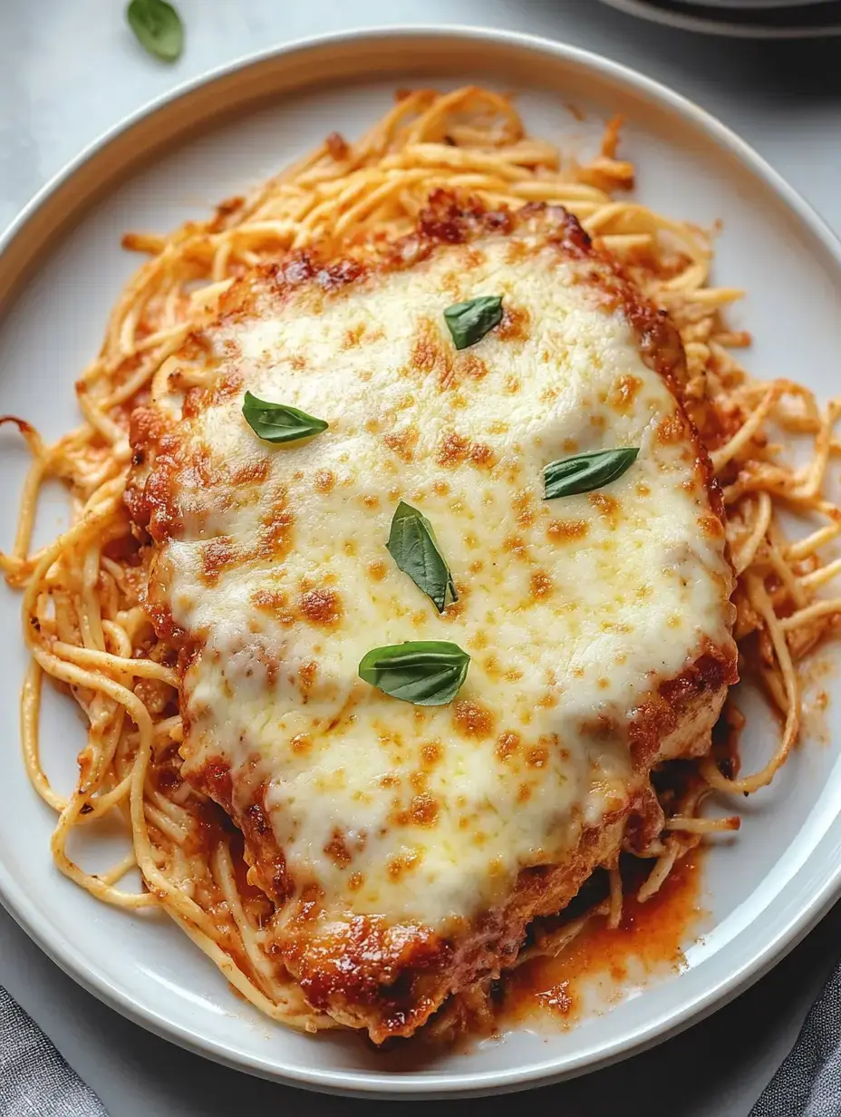 Ein Teller Spaghetti mit einem käsigen panierten Hähnchenschnitzel, garniert mit frischem Basilikum.