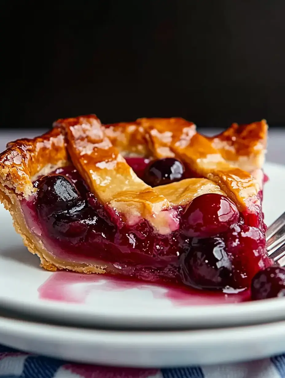 Ein Stück Obstkuchen mit goldbrauner Kruste und dunkler Füllung auf weißem Teller.