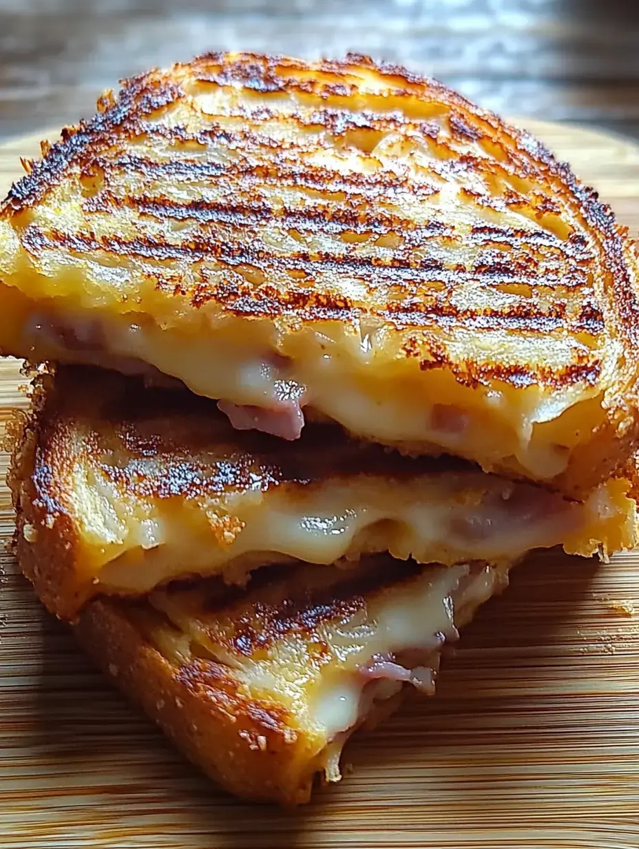 Drei krosse Sandwiches mit goldbrauner Kruste und zerlaufenem Käse und Schinken auf einem Holzbrett gestapelt.