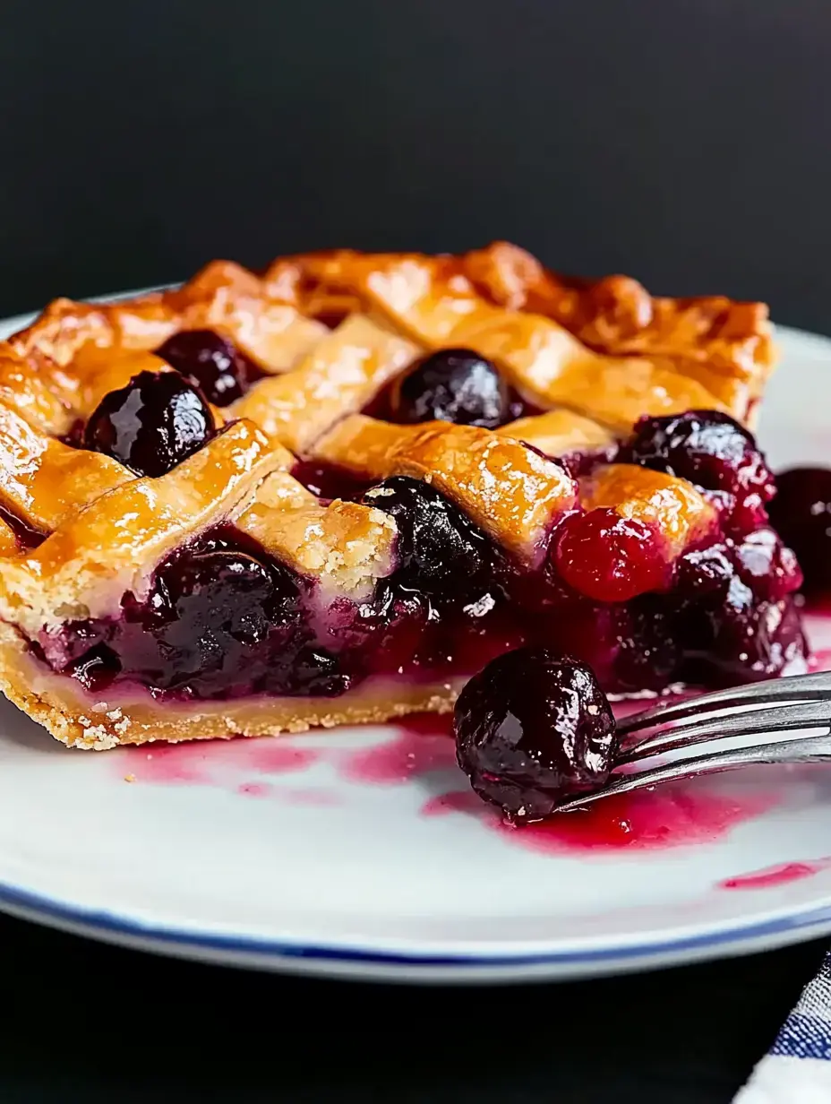 Ein Stück Beerenkuchen mit goldenem Gitterteig auf weißem Teller, mit dunkelvioletter Füllung und ein paar Beeren.