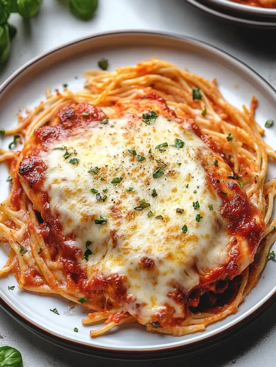 Ein Teller Spaghetti mit Marinara-Soße und geschmolzenem Käse, garniert mit frischen Kräutern.