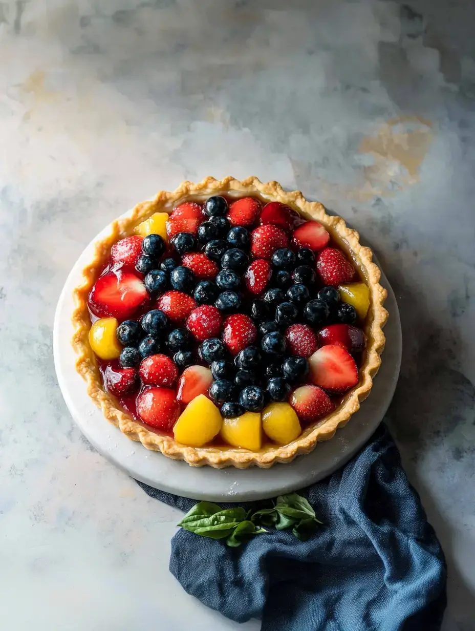 Ein bunter Obstkuchen mit Erdbeeren, Blaubeeren und Pfirsichscheiben steht auf einem weißen Teller neben einer dunkelblauen Serviette.