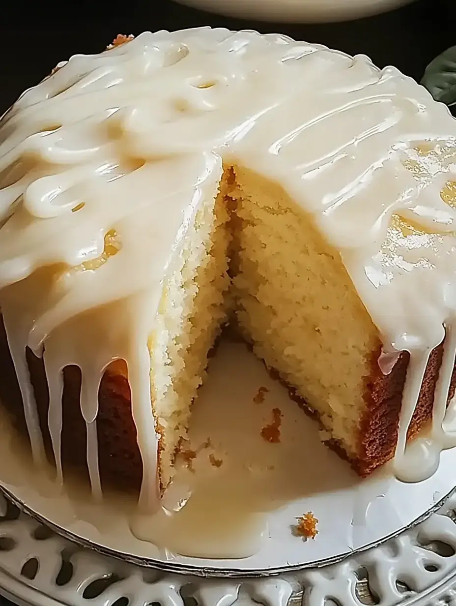 Ein frisch gebackener Kuchen mit einer cremigen Glasur, teils angeschnitten, das weiche Innere sichtbar.