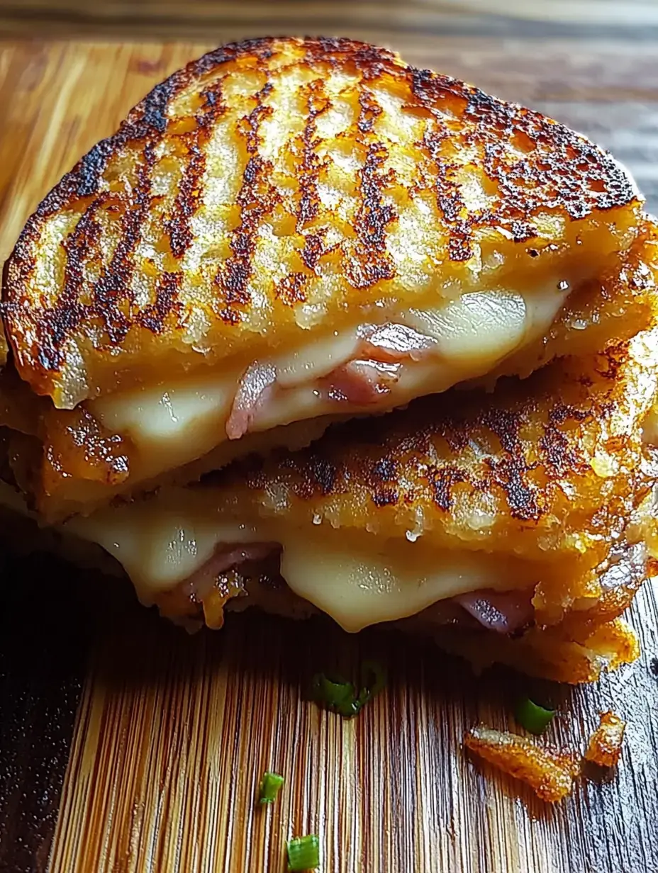 Nahaufnahme von einem goldbraunen Sandwich mit geschmolzenem Käse und Schinken auf einem Holzbrett.
