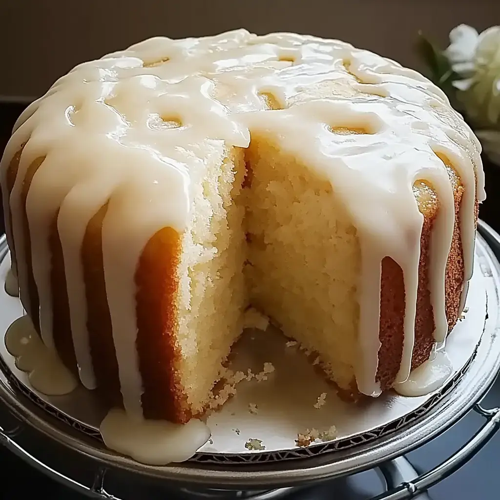 Ein saftiger runder Kuchen mit glänzender weißer Glasur, ein Stück fehlt; das weiche Innere ist sichtbar.