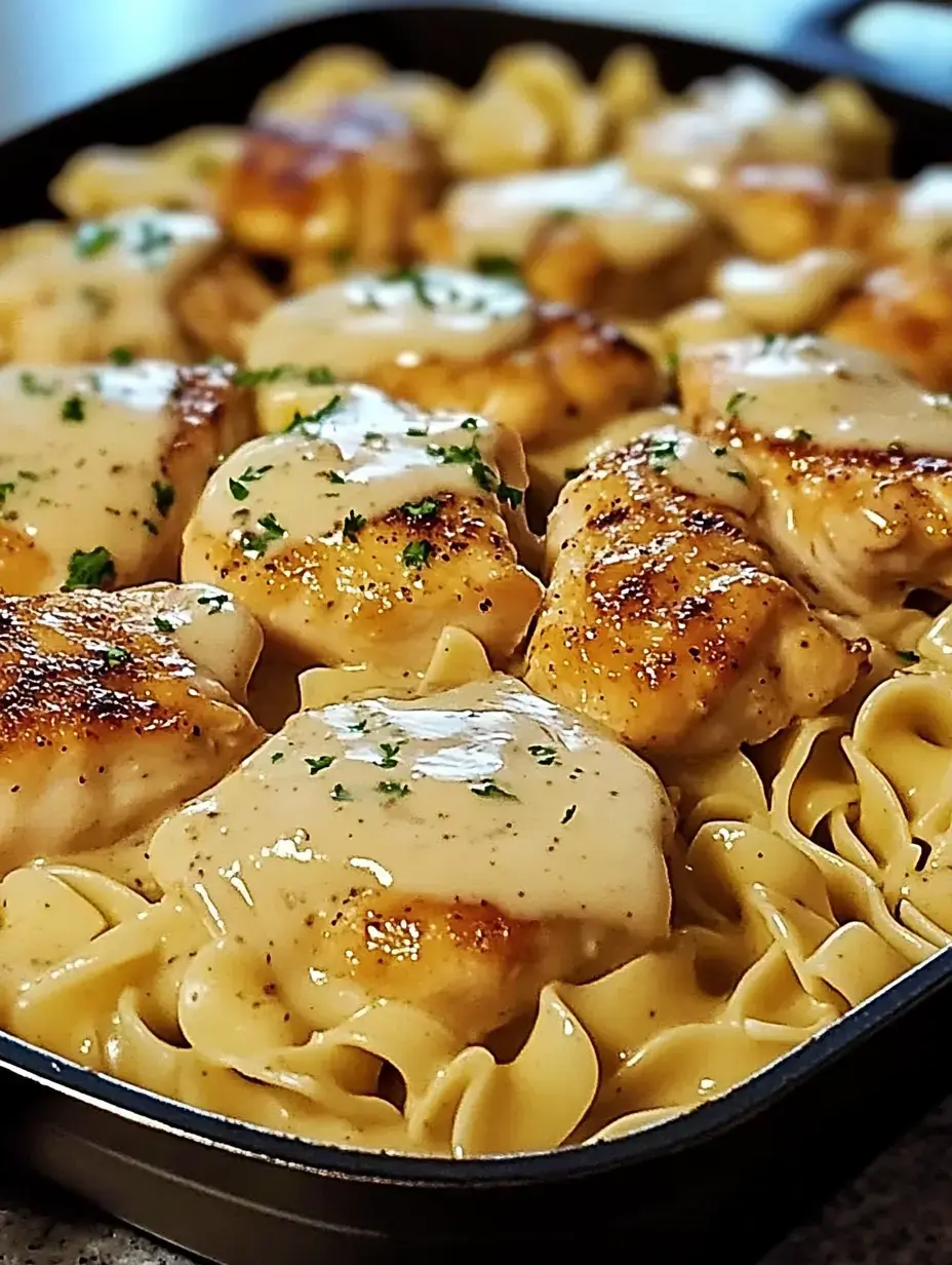 Nahaufnahme: Gegarte Hähnchenstücke mit cremiger Sauce auf Eiernudeln in einer Pfanne.