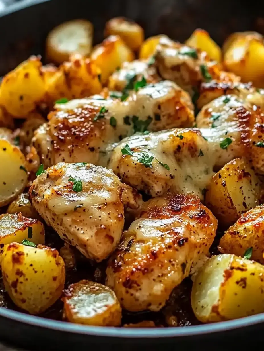 Nahaufnahme einer Pfanne mit goldgebratenen Hähnchenstücken und knusprigen Kartoffeln, garniert mit frischen Kräutern.