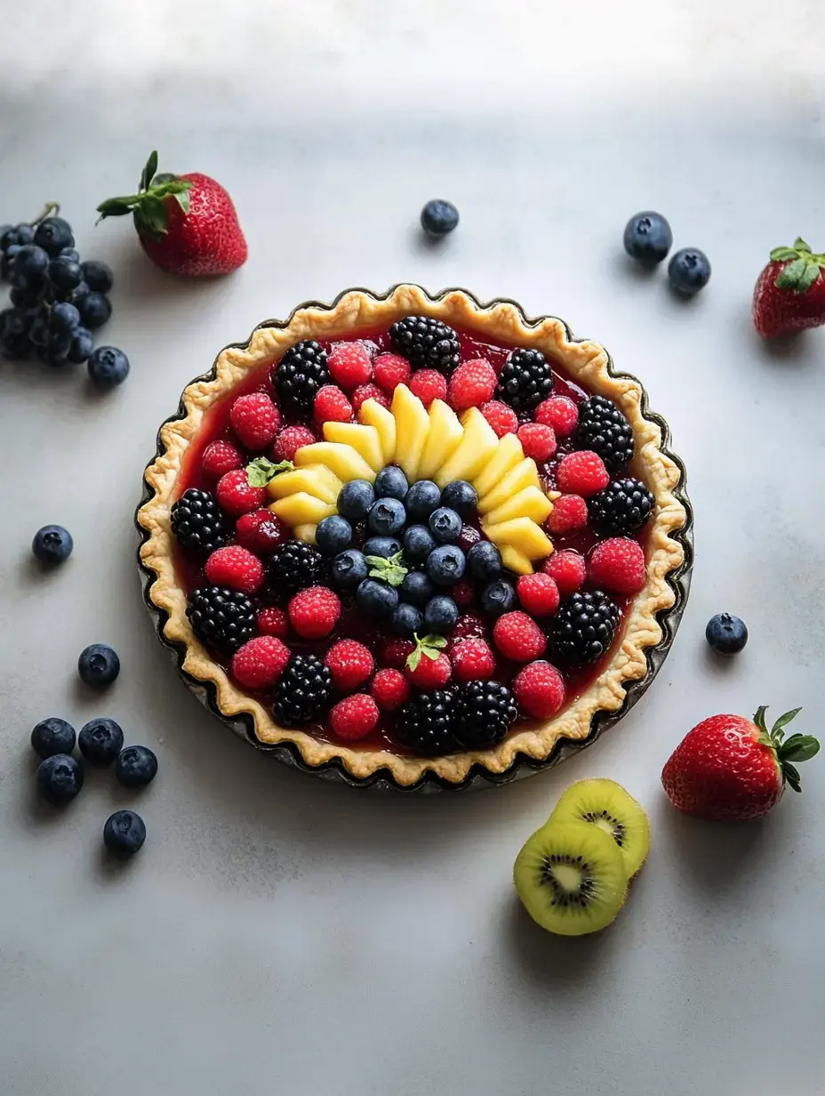 Ein farbenfroher Obstkuchen mit Erdbeeren, Blaubeeren, Himbeeren, Brombeeren und Mangoscheiben auf hellem Untergrund. Drumherum liegen weitere Früchte.