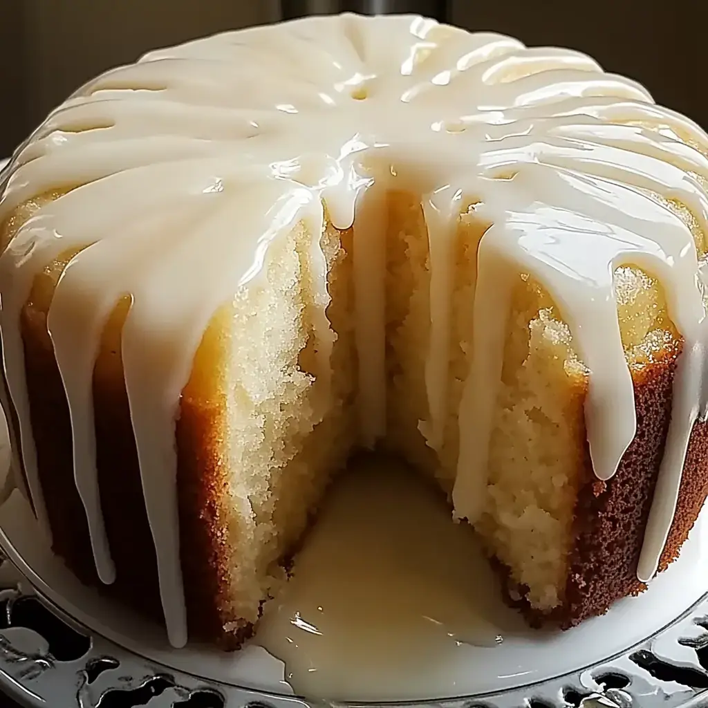 Ein runder Kuchen mit Glasur, ein Stück fehlt; das saftige Innere und die glänzende weiße Schicht oben sind zu sehen.