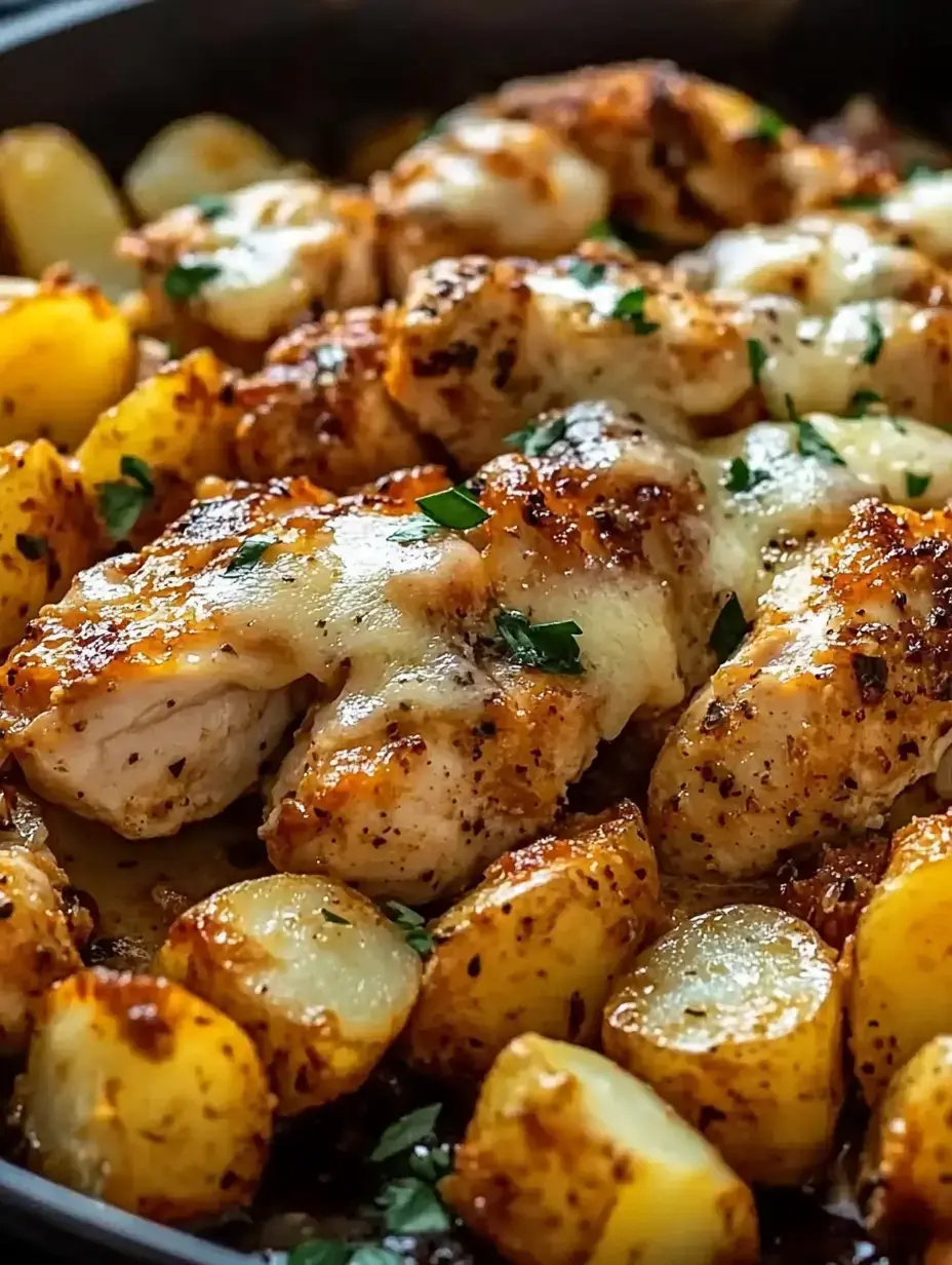 Nahaufnahme von gebackenen Hähnchenbrust-Stücken mit geschmolzenem Käse, serviert mit goldenen Ofenkartoffeln und garniert mit frischer Petersilie.