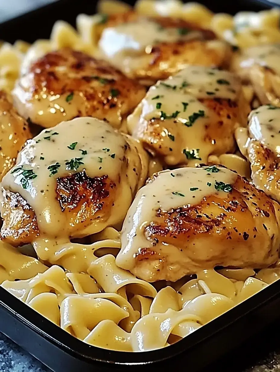 Nahaufnahme: Gegrillte Hähnchenschenkel auf Eiernudeln mit cremiger Sauce und Petersilie.