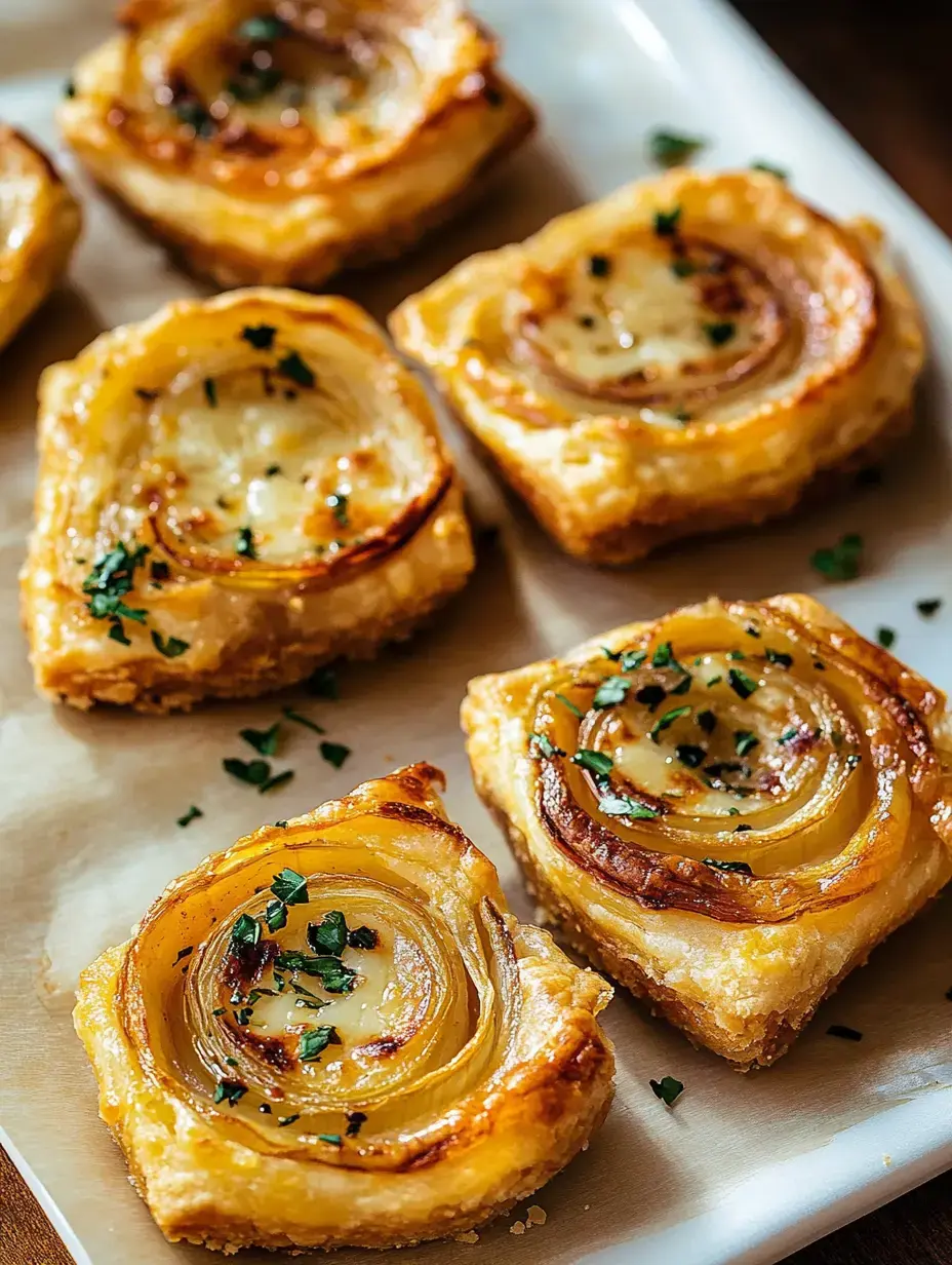 Eine Nahaufnahme von goldbraunen Teigquadraten, belegt mit karamellisierten Zwiebelspiralen und bestreut mit grünen Kräutern.