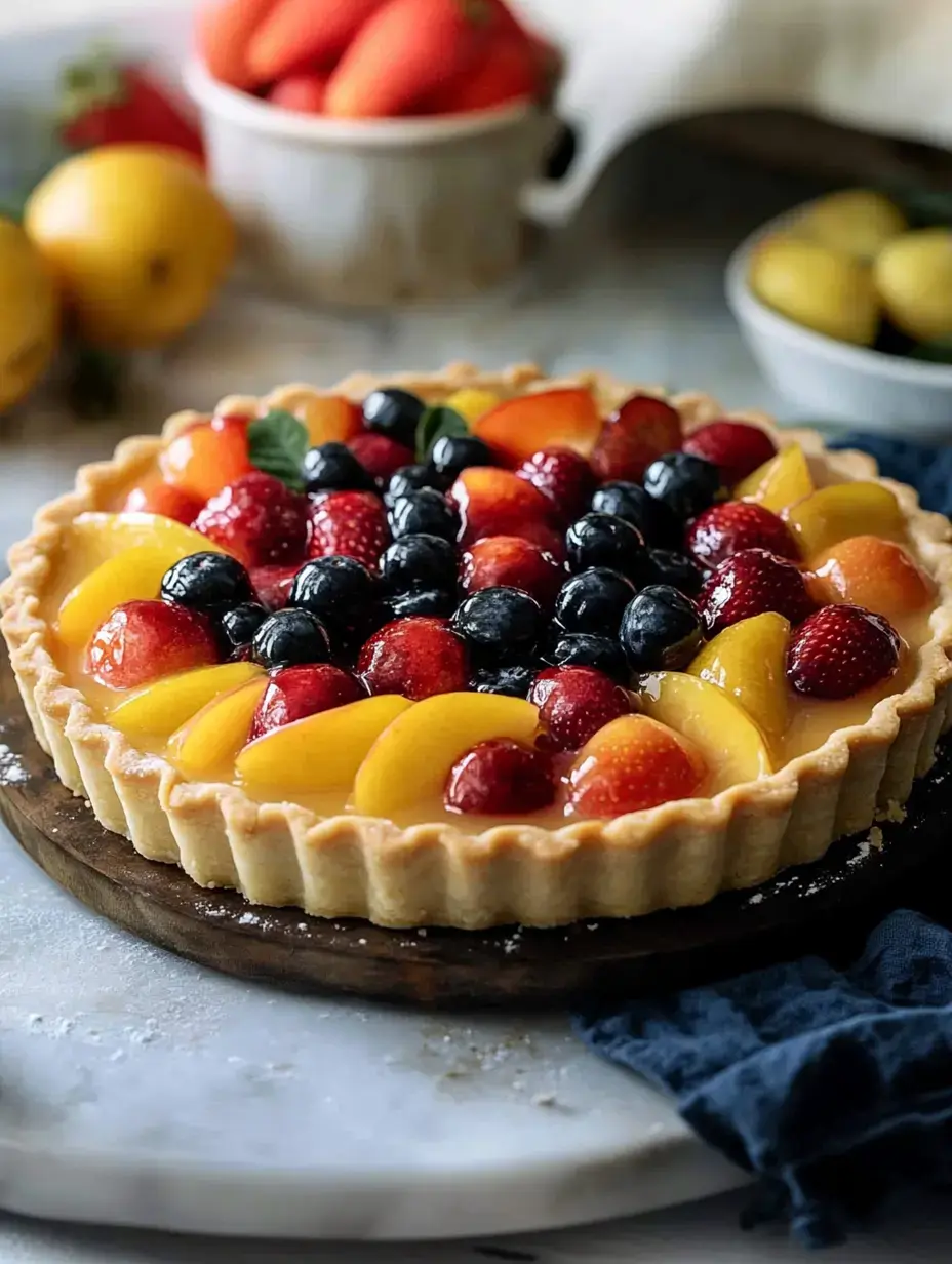Ein toll angerichteter Obstkuchen mit Erdbeeren, Blaubeeren, Pfirsichen und Himbeeren auf einem Holzbrett.