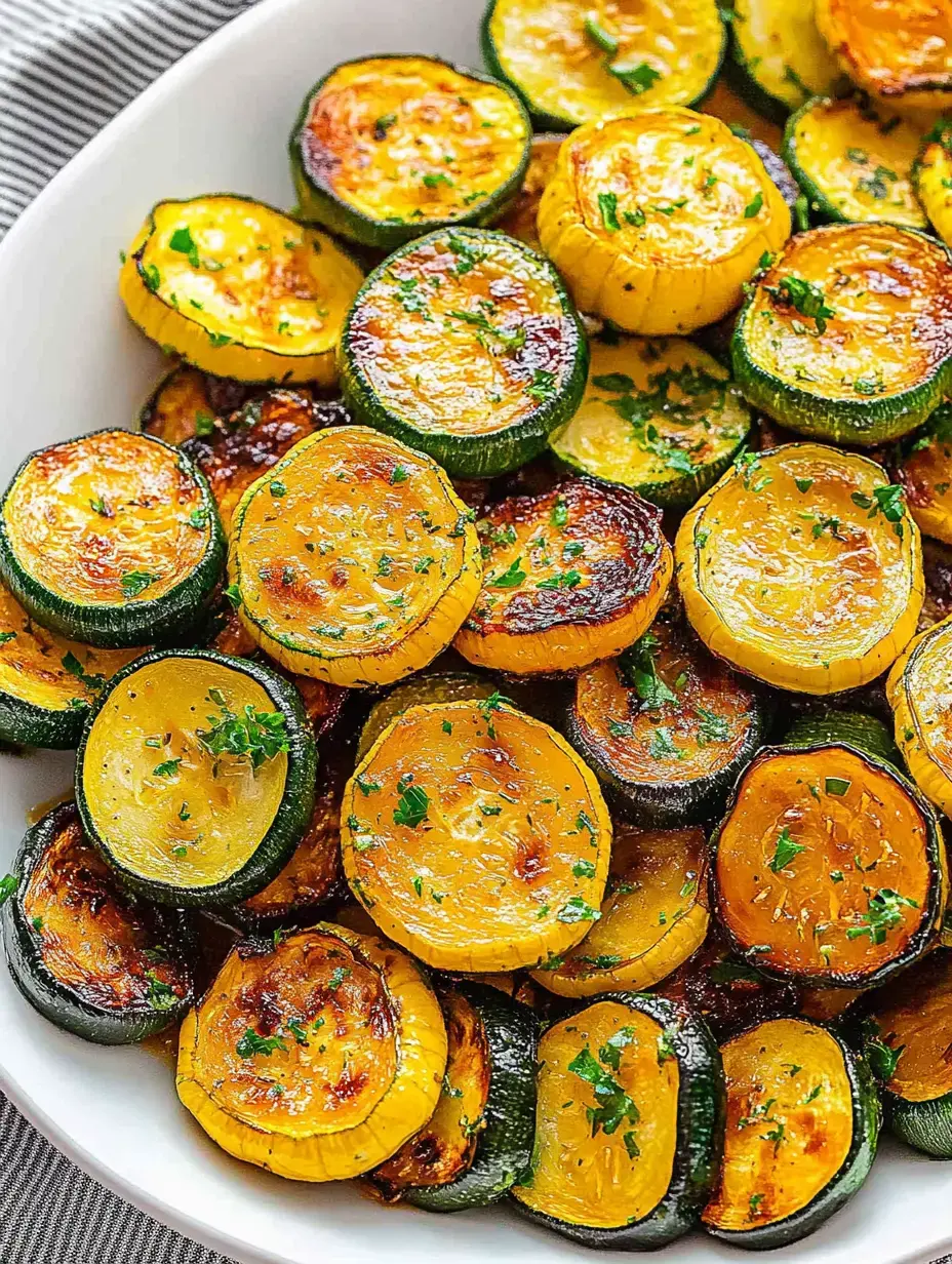 Nahaufnahme von gebratenen Zucchini- und Kürbisscheiben, garniert mit Petersilie.