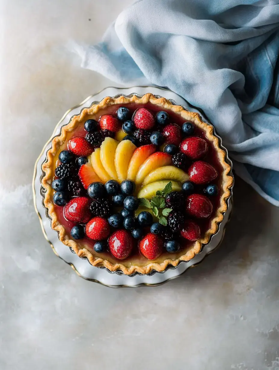 Ein leuchtender Obstkuchen mit Beeren und geschnittenem Obst auf dekorativem Teller und hellblauem Tuch im Hintergrund.