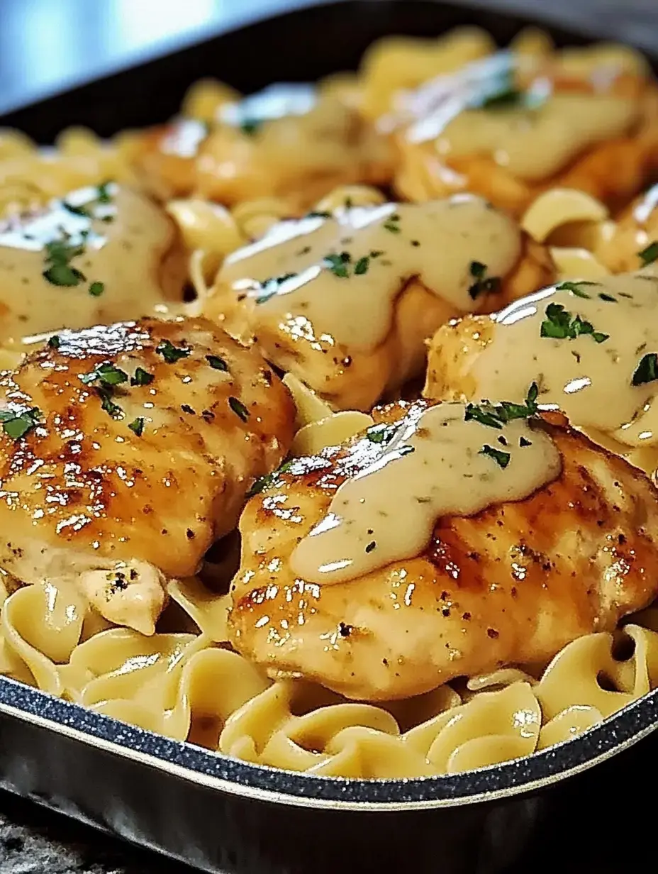 Pfanne mit Hähnchenschenkeln, cremiger Sauce auf Eiernudeln und Petersilie.