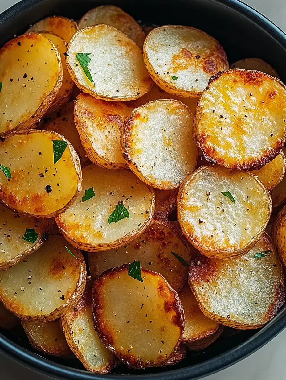 Nahaufnahme von goldenen, gebackenen Kartoffelscheiben mit Petersilie und Pfeffer in einer schwarzen Schale.