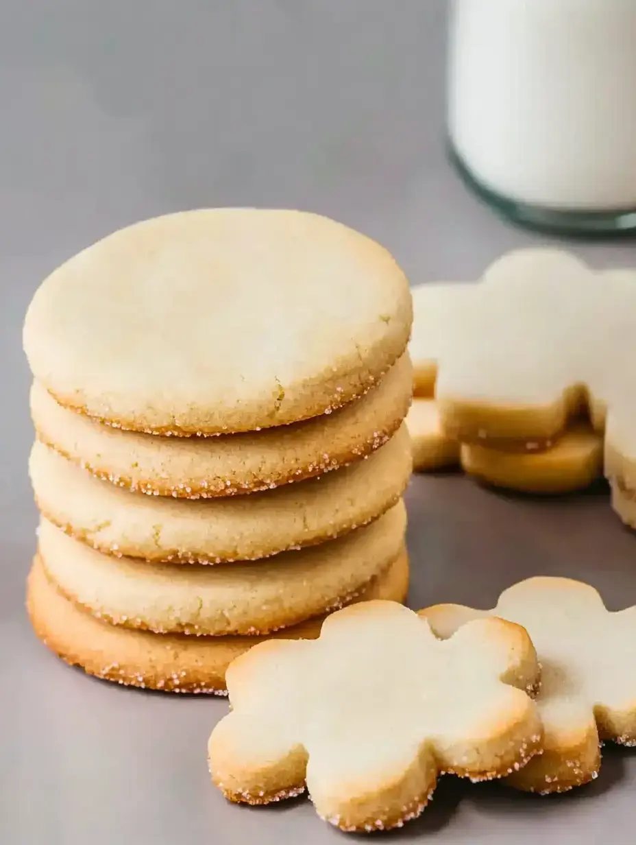 Ein Stapel runder Butterplätzchen liegt neben ein paar Blumen-Plätzchen auf grauem Untergrund mit einem Glas Milch im Hintergrund.