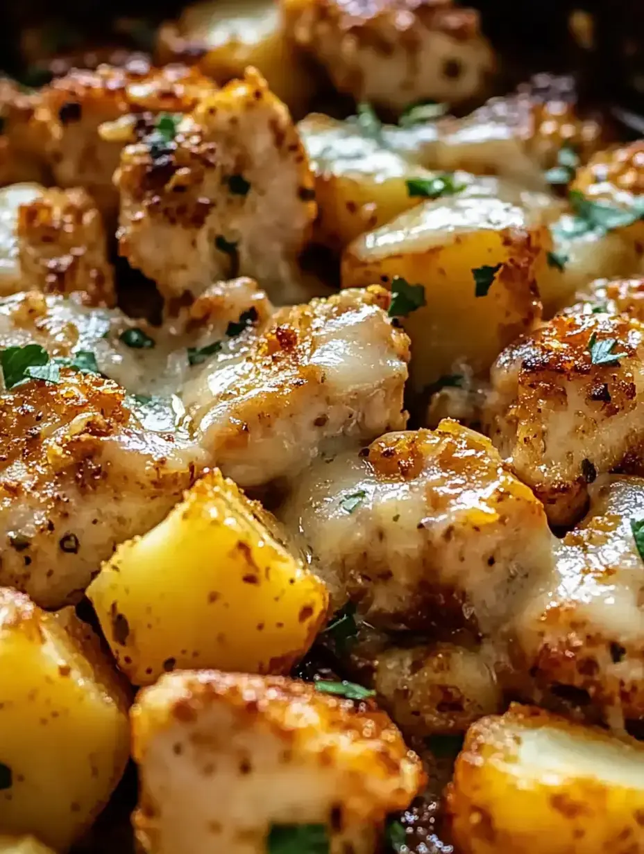 Nahaufnahme von goldbraunen, gebratenen Hähnchen- und Kartoffelstücken, mit geschmolzenem Käse bedeckt und mit frischen Kräutern garniert.