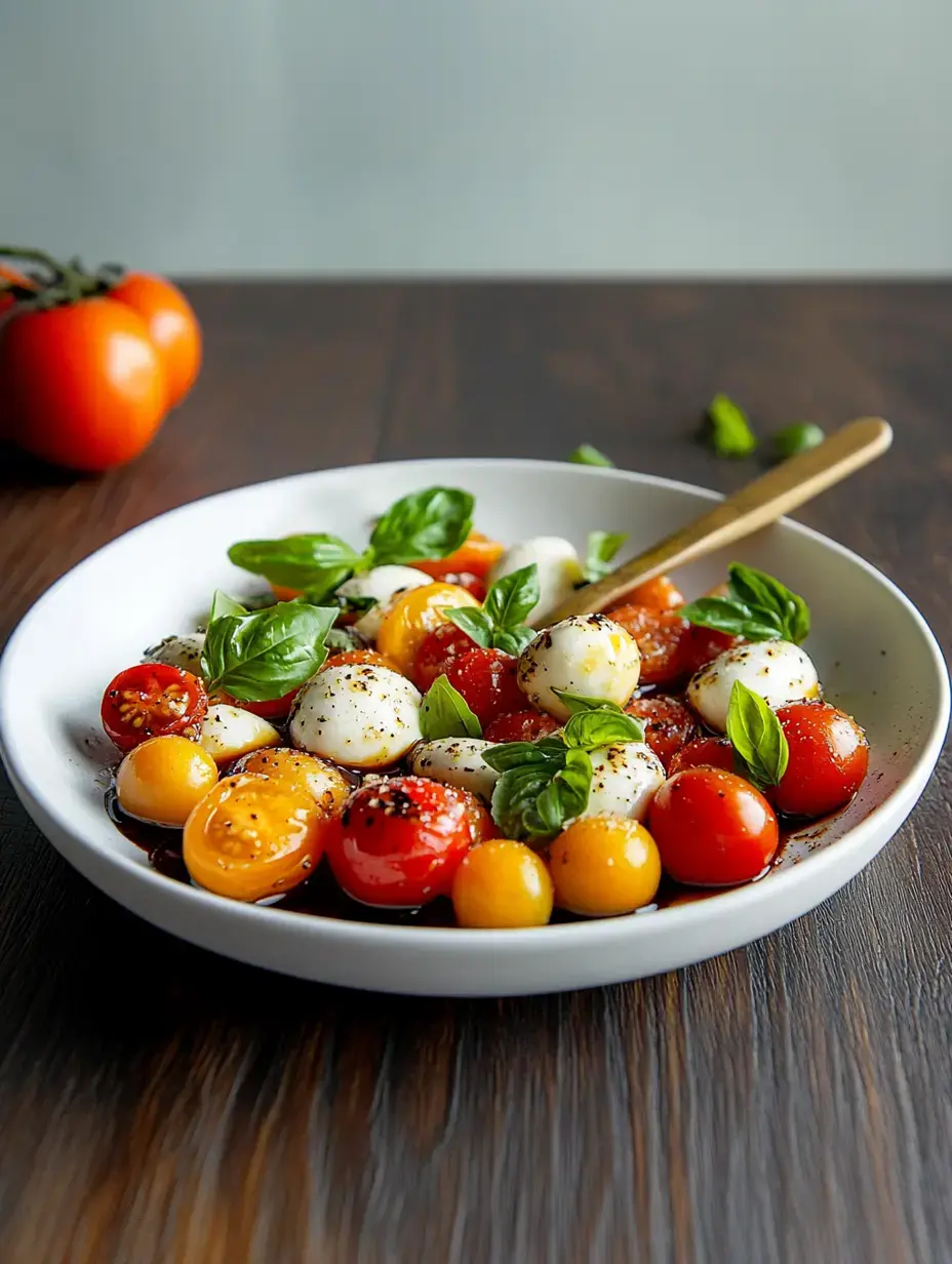 Weiße Schüssel mit bunten Kirschtomaten, frischen Mozzarella-Kügelchen und Basilikum, Balsamico drübergeträufelt, Holzlöffel in der Schüssel, ganze Tomaten im Hintergrund.