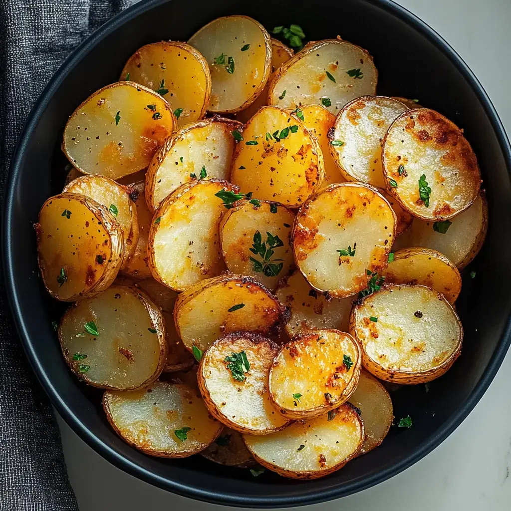 Schwarze Schale mit goldgelben knusprigen Kartoffelscheiben und frischen Kräutern.
