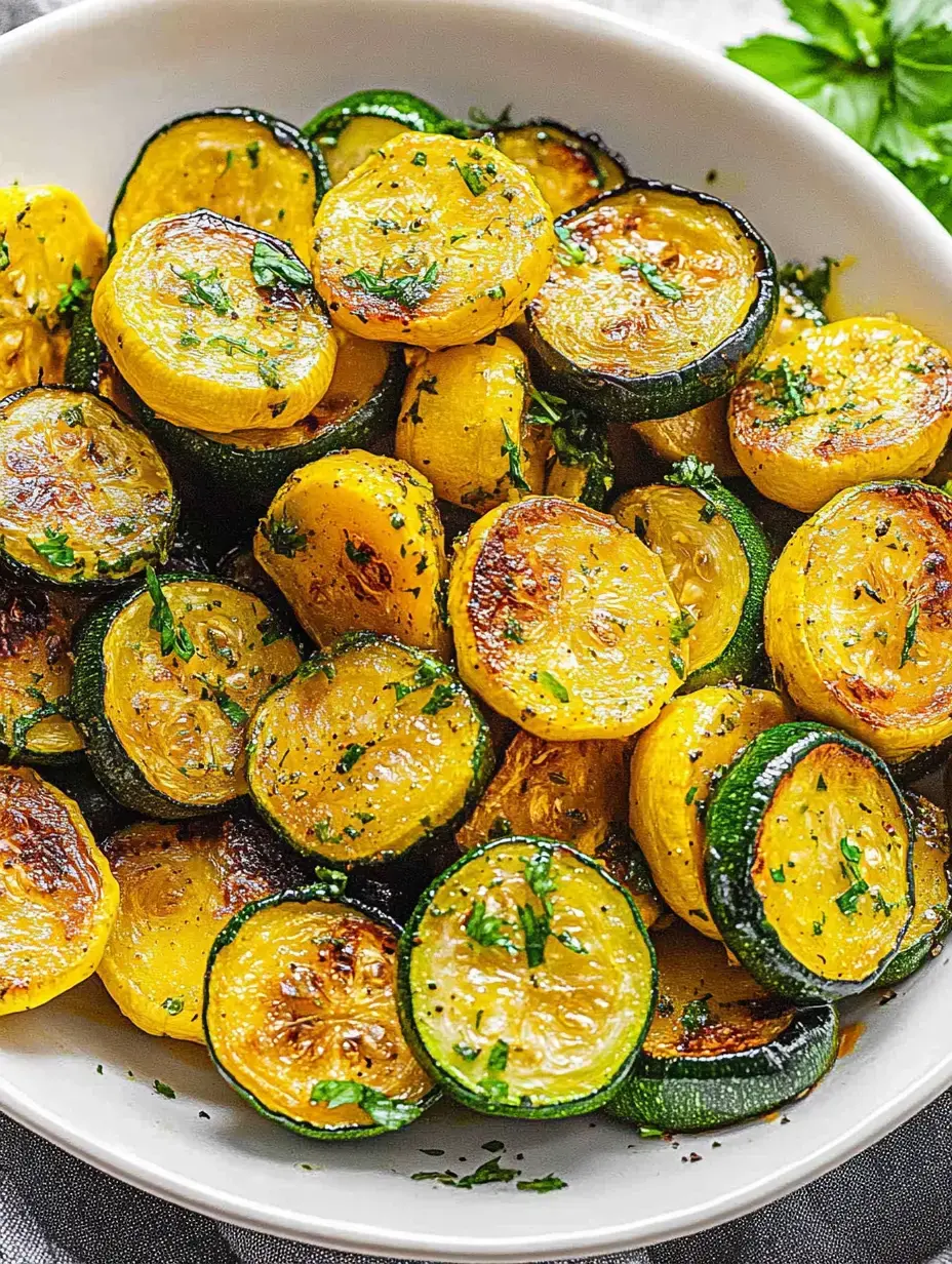 Eine Schale mit gebratenen Zucchini- und Kürbisscheiben, garniert mit Kräutern.