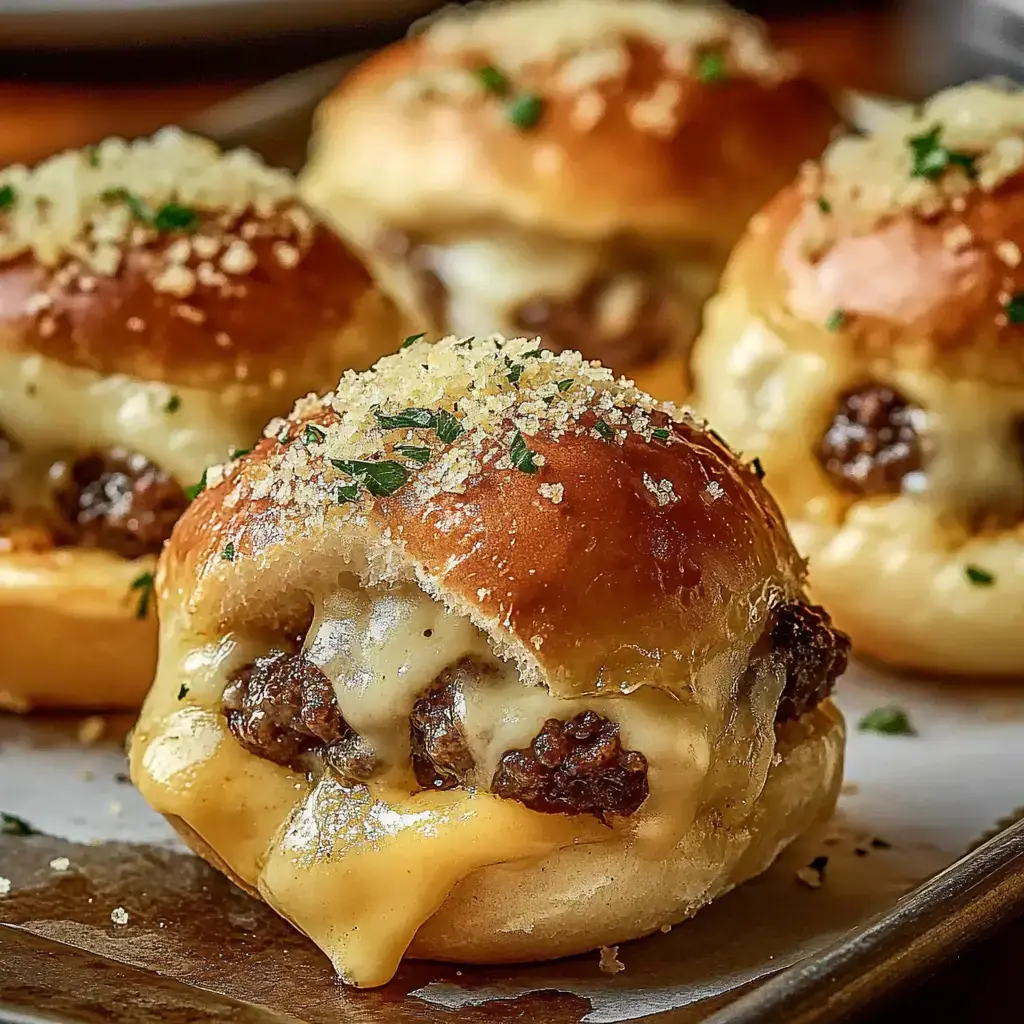 Nahaufnahme von weichen, goldbraunen Teigbällchen gefüllt mit geschmolzenem Käse und Hackfleisch, bestreut mit Semmelbröseln und Petersilie.