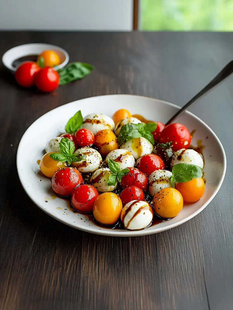 Weiße Platte mit bunten Kirschtomaten, Mozzarella-Kugeln und frischem Basilikum, Balsamico-Creme drüber, auf dunklem Holztisch.