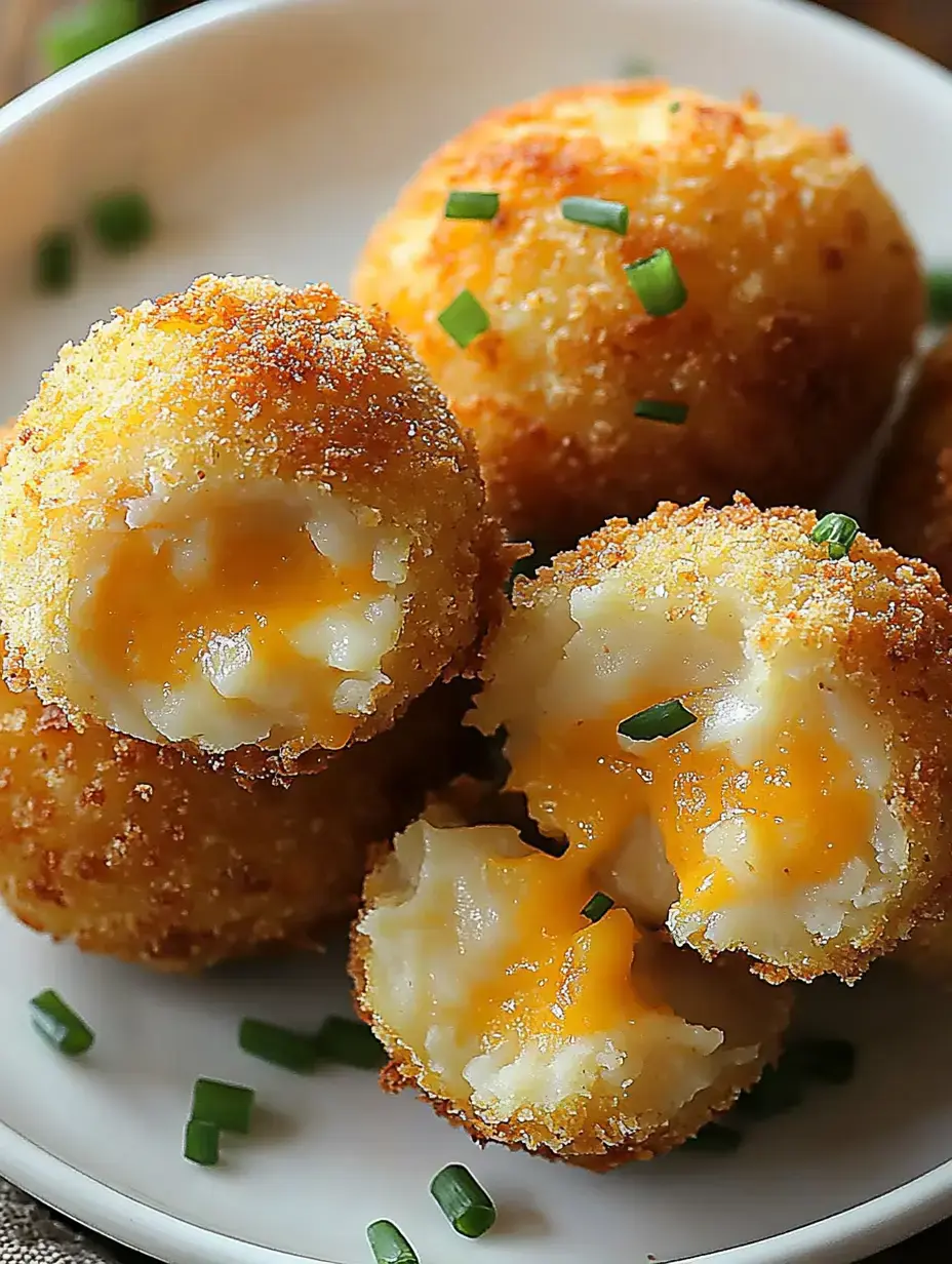 Teller mit goldbraunen, knusprigen, mit Käse gefüllten Kartoffelbällchen, eine Kugel aufgeschnitten, geschmolzener Käse zu sehen, bestreut mit Schnittlauch.