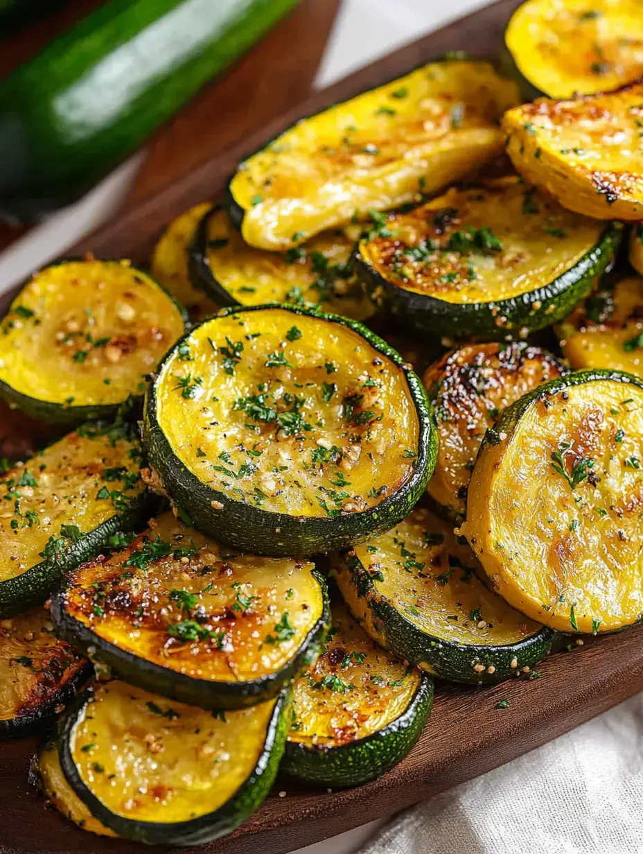 Auf einem Holzbrett liegen goldene gebratene Zucchini- und Kürbisscheiben, garniert mit Kräutern.