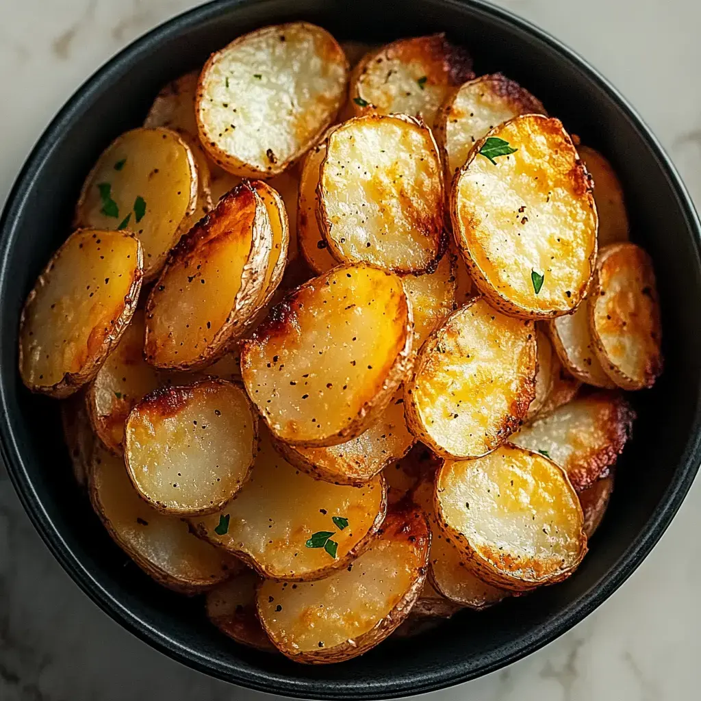 Eine Schale voll knusprig gebackener Kartoffelscheiben mit Petersilie garniert.