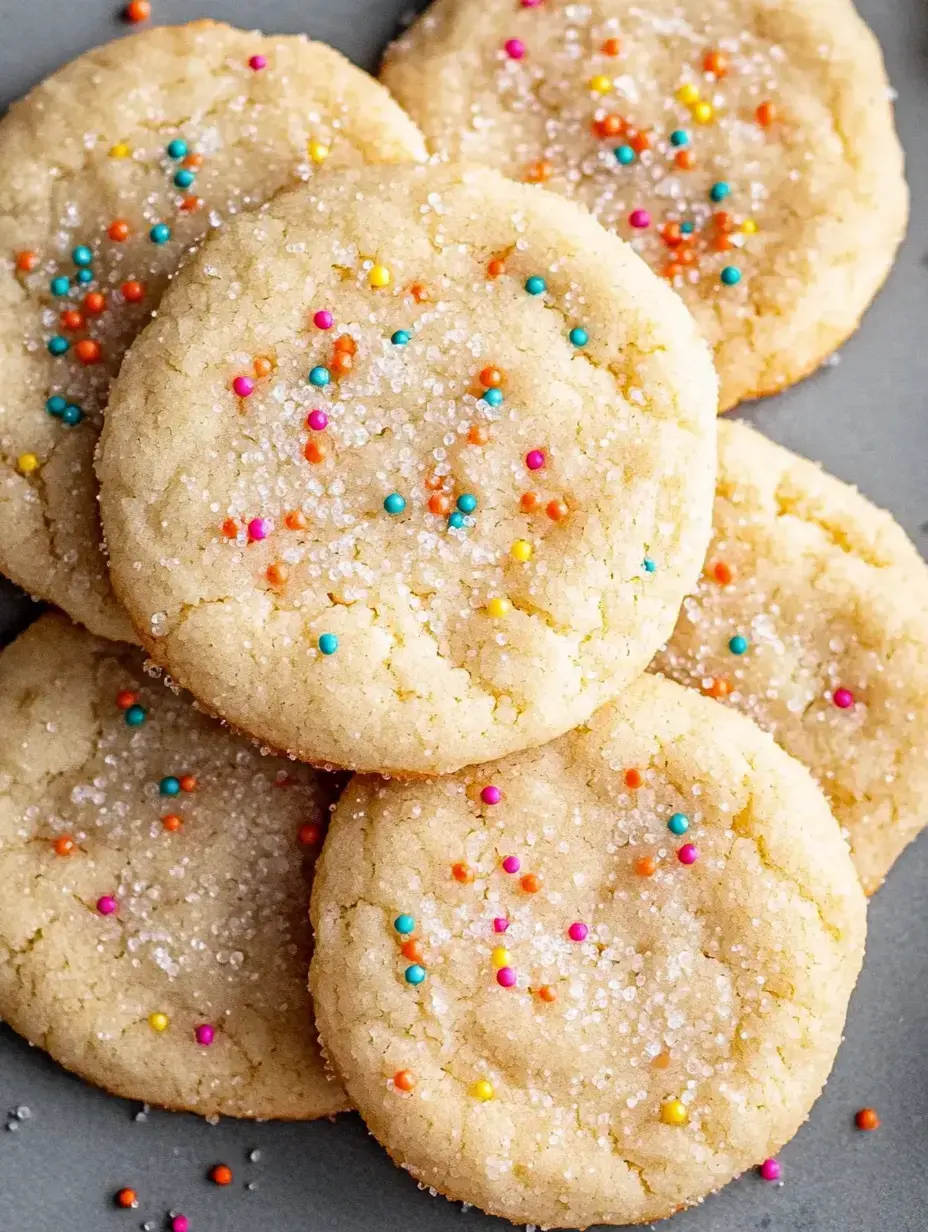 Nahaufnahme von mehreren Zuckerplätzchen mit bunten Streuseln und Kristallzucker oben drauf.