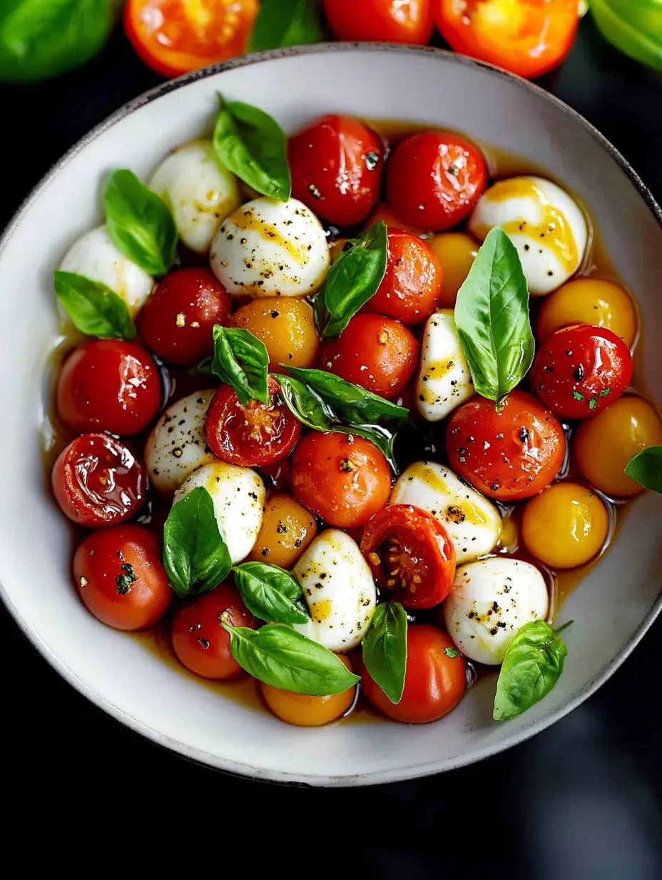 Schüssel mit bunten Kirschtomaten, Mozzarella-Kugeln und Basilikum, mit Olivenöl und Gewürzen beträufelt.