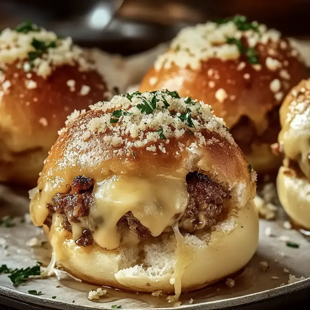 Nahaufnahme von weichen, käsigen Hackfleisch-Teigbällchen mit Petersilie und Semmelbröseln auf einer Servierplatte.