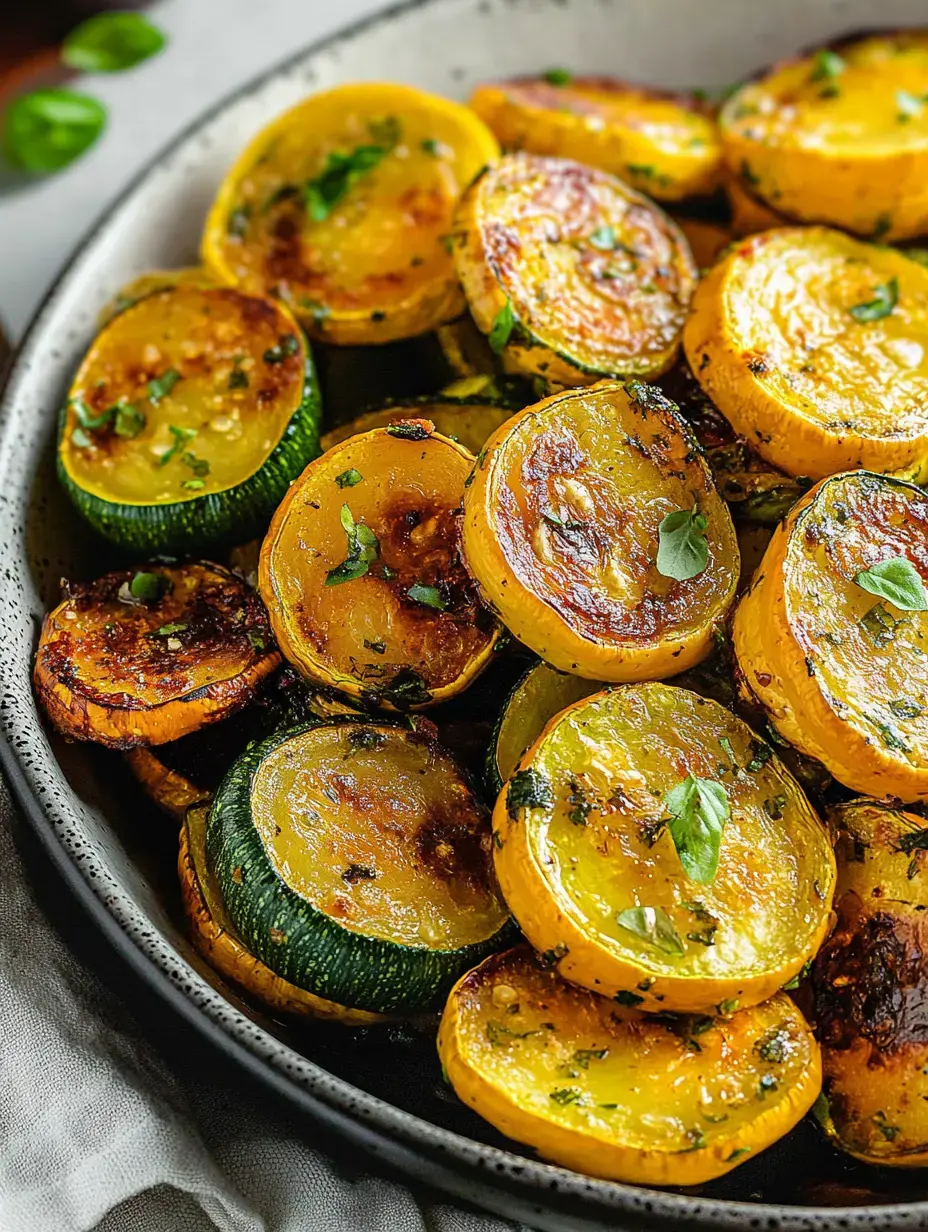 Schwarze Schale mit goldenen und grünen gebratenen Zucchini- und Kürbisscheiben, dekoriert mit Kräutern.