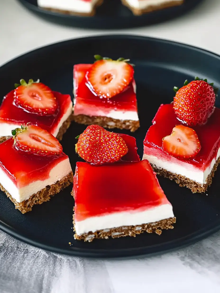 Ein Teller mit Schichten aus Erdbeeren, Creme und Brezelboden, oben glänzendes rotes Gelee und frische Erdbeeren.