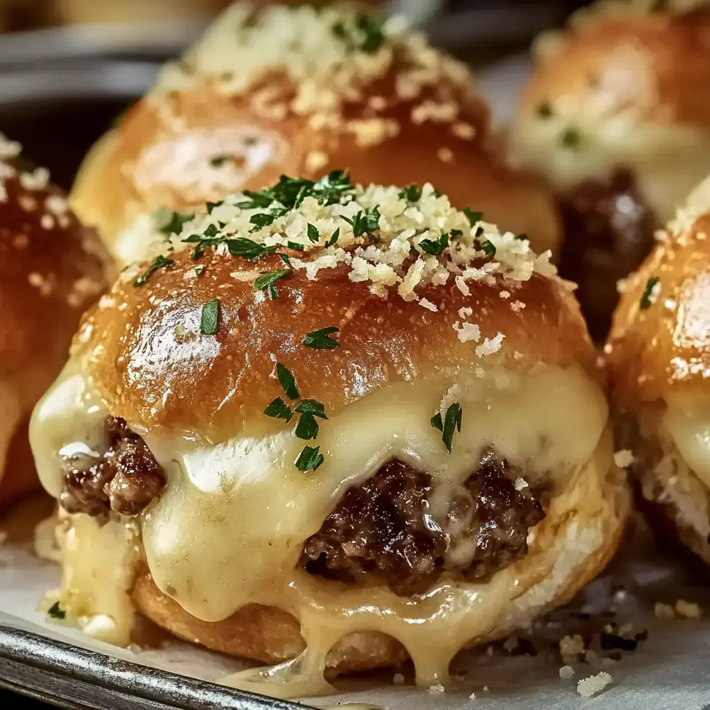 Nahaufnahme von käsigen, mit Hackfleisch gefüllten Teigbällchen, bestreut mit Semmelbröseln und Petersilie auf einem Backblech.