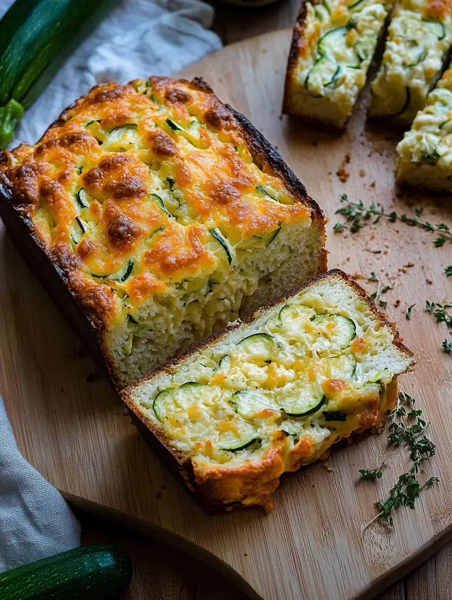 Ein frisches Zucchini-Käsebrot, angeschnitten mit saftigem Inneren, sichtbare Zucchinis und Käse, daneben eine ganze Zucchini und Thymian auf Holzbrett.