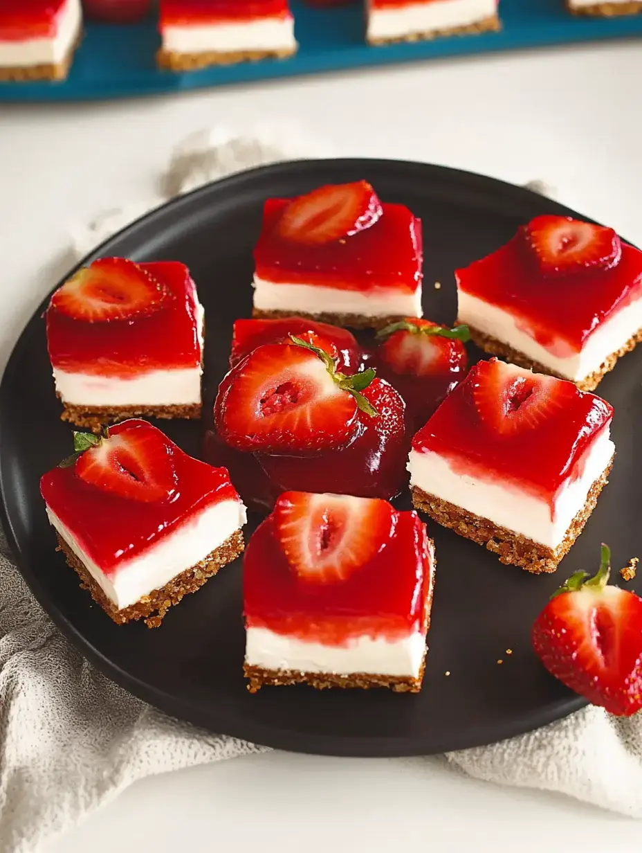 Schwarzer Teller mit kantigen Stücken vom Erdbeer-Dessert, oben glänzendes rotes Gelee und Erdbeerstücke.