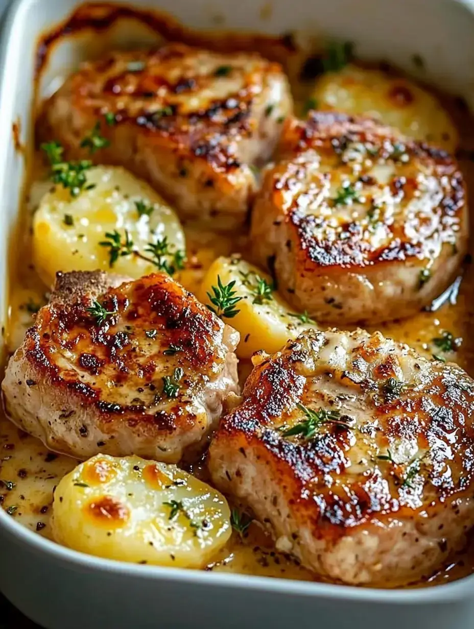 Eine Auflaufform mit goldbraunen Koteletts, dünnen Kartoffelscheiben und frischen Kräutern garniert.