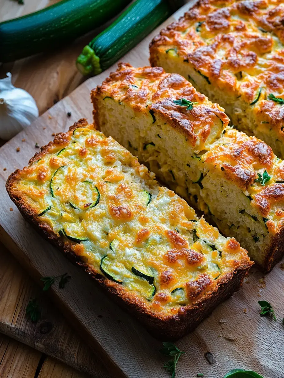 Ein goldbraun gebackenes Zucchinibrot, saftig aufgeschnitten auf Holzbrett, daneben frischer Knoblauch und ganze Zucchini.