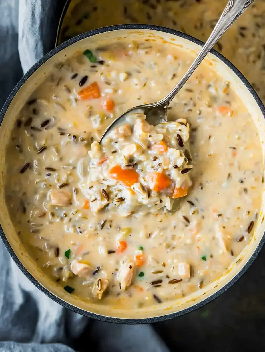 Eine cremige Suppe mit Hähnchenstücken, Möhren und Wildreis köchelt im Topf, ein Löffel ist darin.