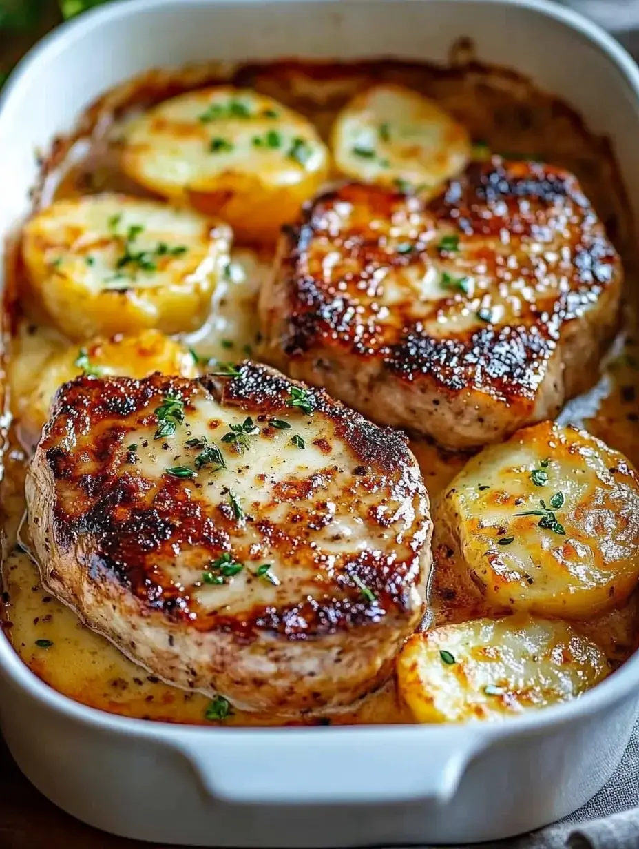 Zoom auf eine Auflaufform mit goldenen Koteletts, geschmolzenem Käse, ofengebackenen Kartoffelscheiben und frischen Kräutern.