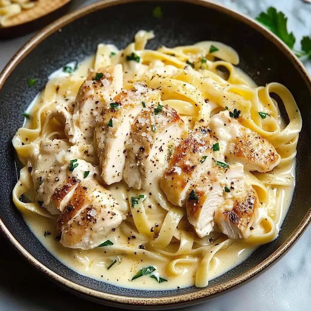 Schüssel mit cremigen Fettuccine und gegrilltem Hühnchen, garniert mit Petersilie.