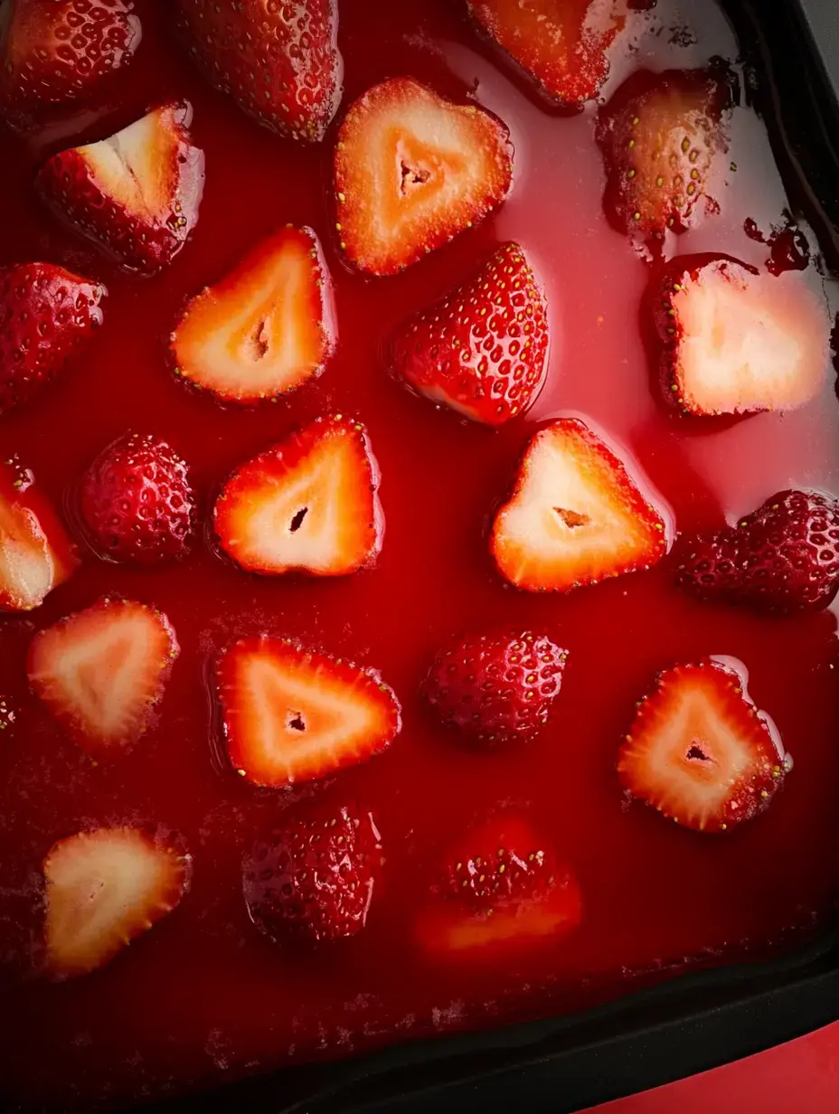 Nahaufnahme: Frische Erdbeeren in rotem Gelee, alles schön glasiert.