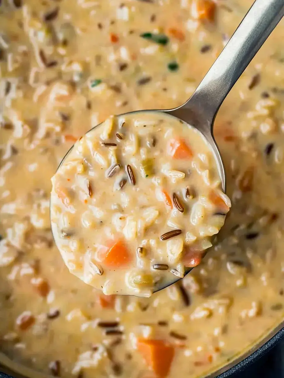 Ein Löffel hebt reichhaltige Suppe mit Reis, Gemüse und Gewürzen aus dem Topf.