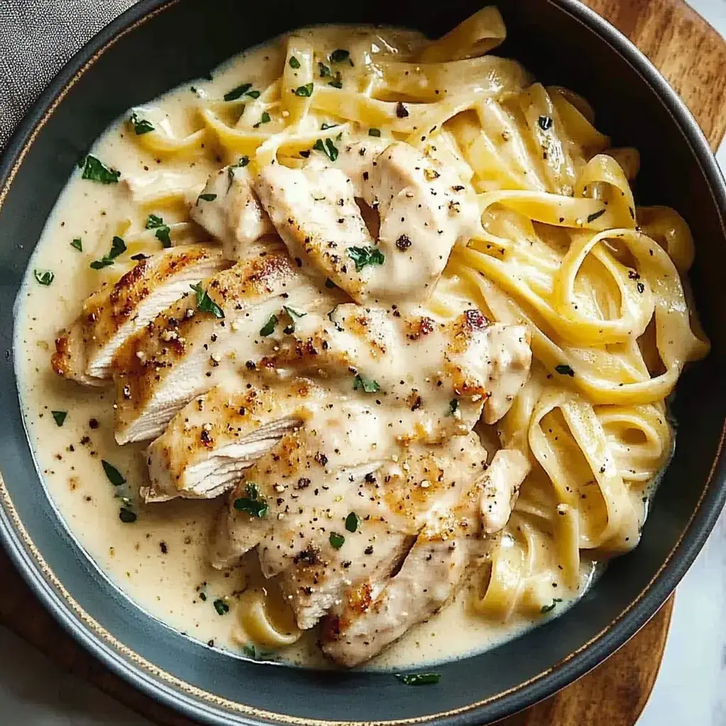 Schüssel Fettuccine mit gebratenem Hühnchen und cremiger Soße, getoppt mit gehackter Petersilie.